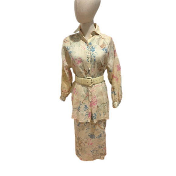 80s PASTEL FLORAL BOLD PRINT ITALIAN OVERSIZED TUNIC BLOUSE MAXI SKIRT S - Picture 4 of 16